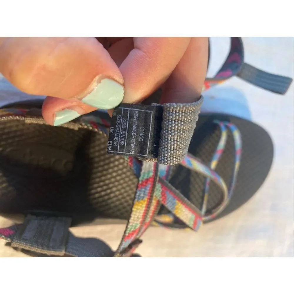 Chaco Kids Black Footbed Sandals with Multicolor Webbing and Pink Midsole